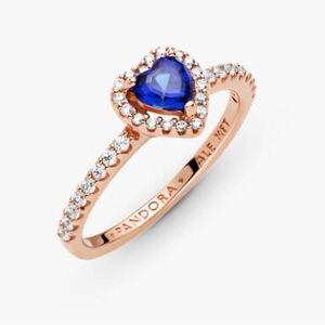 Pandora Sparkling Blue Elevated Heart Promise Ring In Rose Gold with Blue Stone